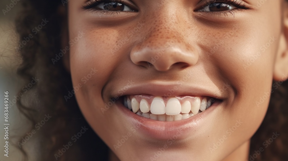 Joyful girl with a radiant smile, captured in studio lighting.