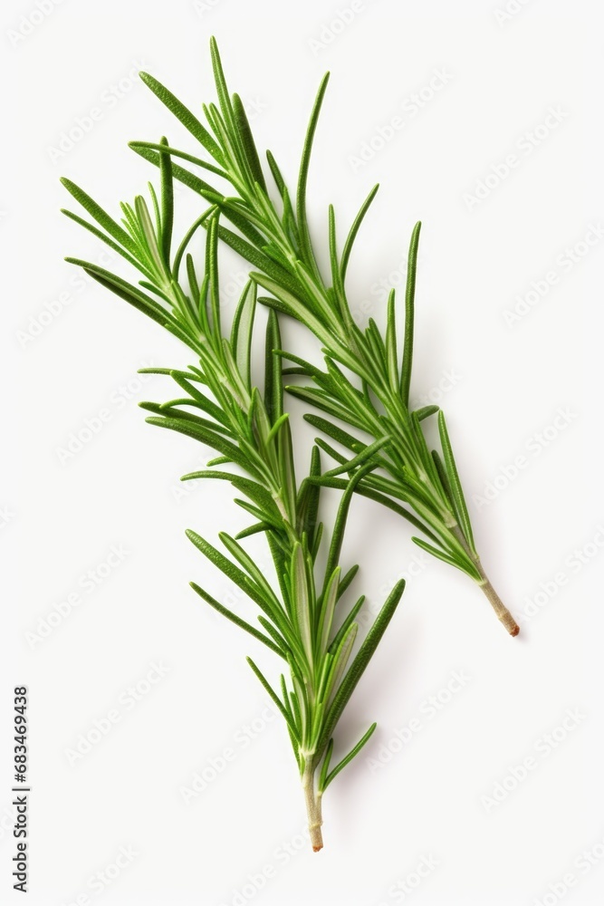 A single branch of rosemary resting on a clean white surface. This versatile image can be used to add a touch of freshness and natural beauty to various projects.