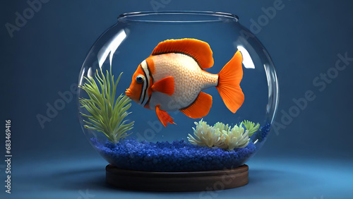 3D render of a cute tropical fish in an aquarium on a dark blue background, A fish bowl with a fish inside of it, Beautiful fish in round glass aquarium fish swimming in fishbowl