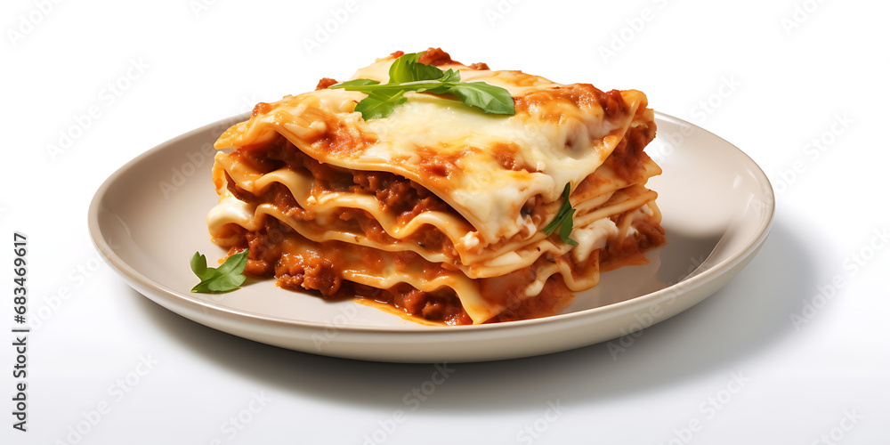 Lasagna Bolognese on plate realistic food photography isolated on white, Portion of lasagne on white plate, Delicious pasta on plate
