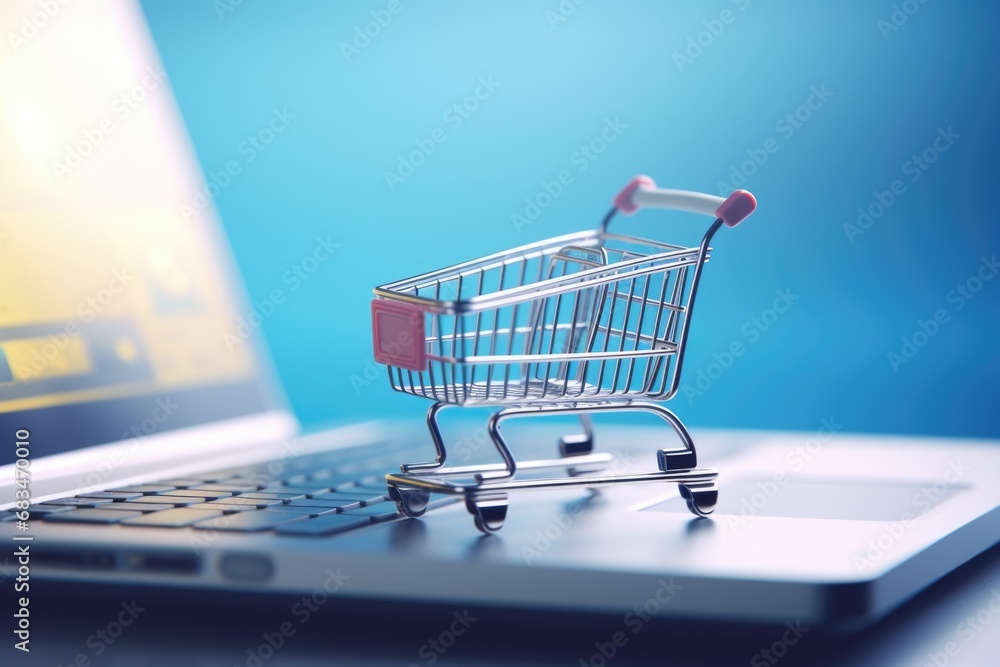 A small shopping cart is placed on top of a laptop. This image can be used to represent online shopping, e-commerce, or the concept of shopping from the comfort of your own home