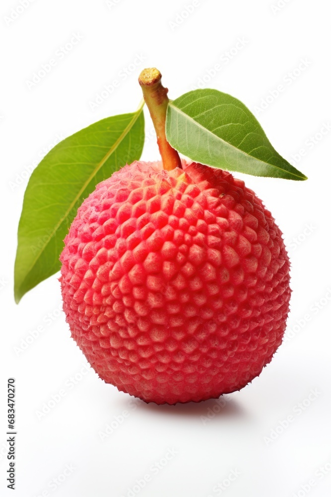 A detailed close-up shot of a vibrant red fruit with a fresh green leaf. A detailed close-up shot of a vibrant red fruit with a fresh green leaf.