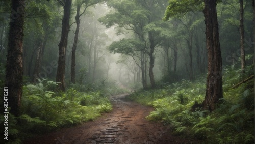 a path in forest with fog