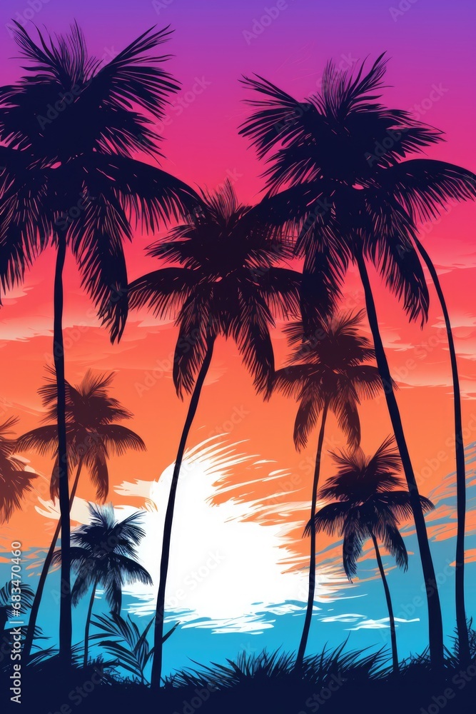 Fototapeta premium A vibrant and picturesque sunset with palm trees in the foreground. Perfect for adding a tropical touch to any project or design