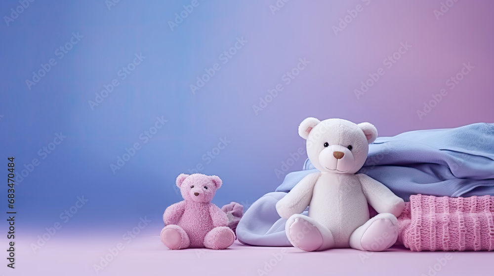 baby toys, clothes on purple background, copy space baby toys, clothes on purple background, copy space