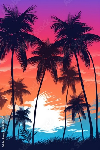 A vibrant and picturesque sunset with palm trees in the foreground. Perfect for adding a tropical touch to any project or design