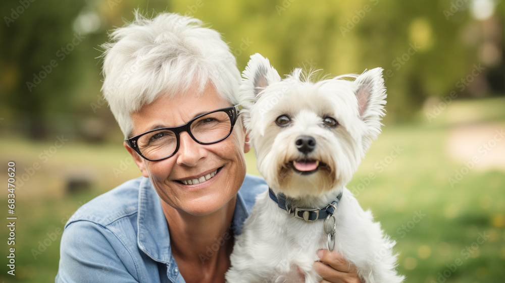 Portrait of an attractive senior woman playfully holding her Westie in park. Love for animals concept.
Portrait of an attractive senior woman playfully holding her Westie in park. Love for animals concept.