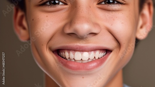 Beige studio backdrop frames a joyful teen boy displaying perfect teeth.