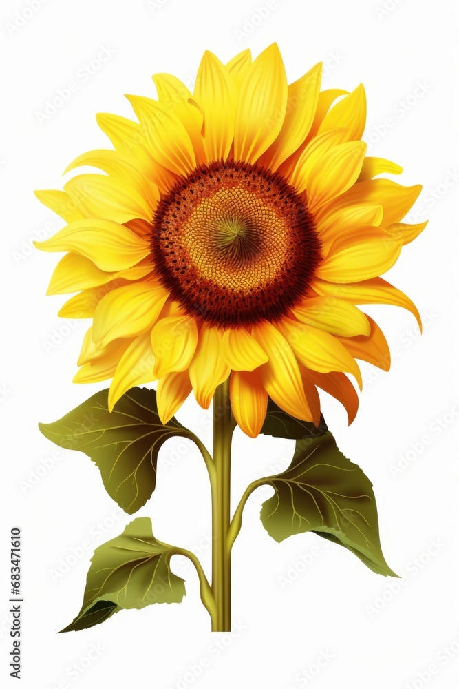 Obraz premium A vibrant yellow sunflower with green leaves against a clean white background. Perfect for adding a pop of color to any design or project