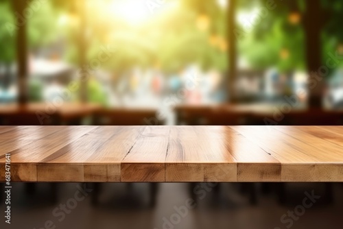 Empty Wooden Table With Bokeh Food Court Background. Сoncept Food Photography, Bokeh Background, Wooden Table Setting, Still Life, Food Court Atmosphere