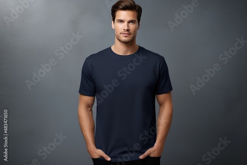 European Man Wearing Navy Tshirt, Showcasing Lifestyle Mockup