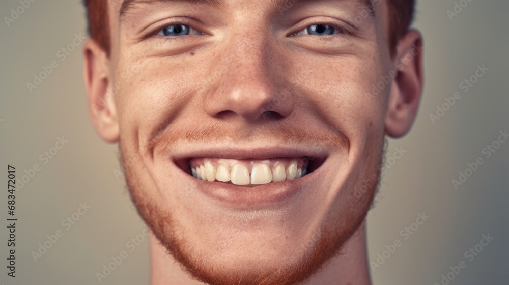 Fototapeta premium In a studio setting, a man beams with joy, revealing his perfect teeth against a clear beige backdrop.