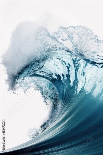 A powerful and dramatic wave crashing in the vast ocean. This image captures the raw energy and beauty of nature. Perfect for use in projects related to nature, water, power, and adventure