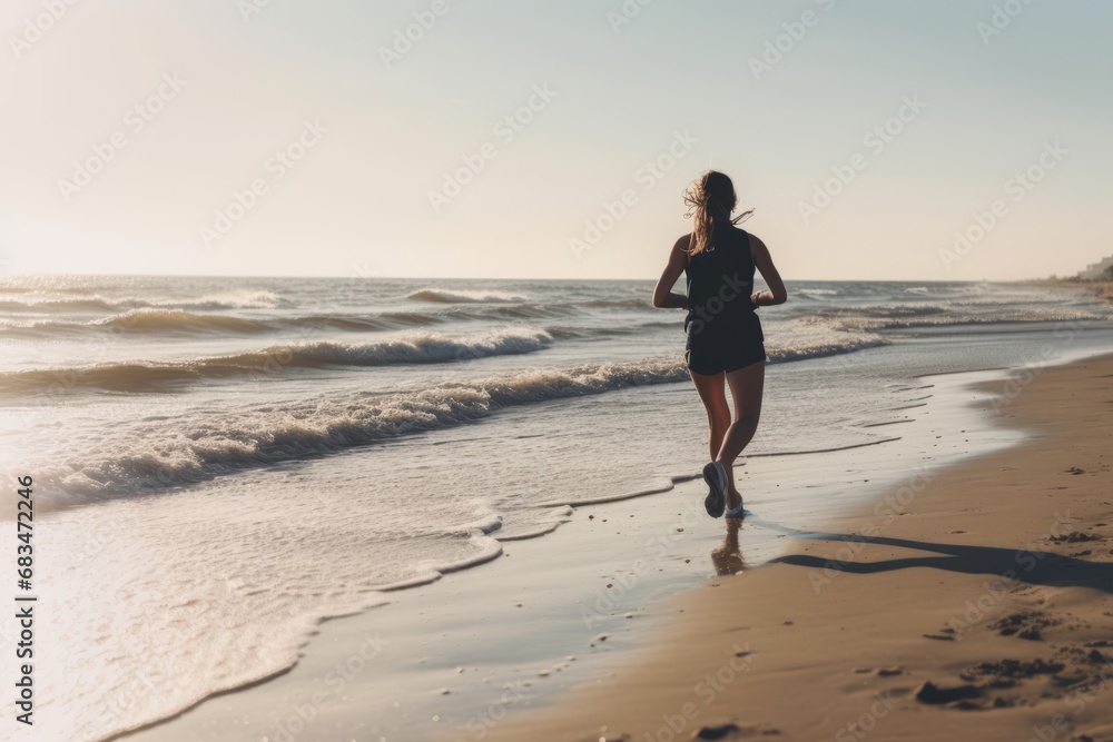 Young woman, veiw from the back, jogging along the sand beach, enjoying a refreshing run by the sea or ocean. Fitness, sport and well-being concept. Young woman, veiw from the back, jogging along the sand beach, enjoying a refreshing run by the sea or ocean. Fitness, sport and well-being concept.