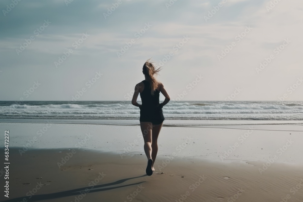 Young woman, veiw from the back, jogging along the sand beach, enjoying a refreshing run by the sea or ocean. Fitness, sport and well-being concept. Young woman, veiw from the back, jogging along the sand beach, enjoying a refreshing run by the sea or ocean. Fitness, sport and well-being concept.
