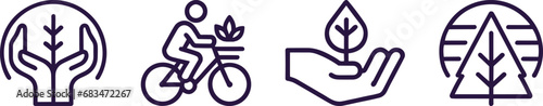 a vector set of icons on the theme of modern development and ecology: hands that are touching a tree, a cyclist, a hand that is touching a leaf, and a tree in the desolate Earth