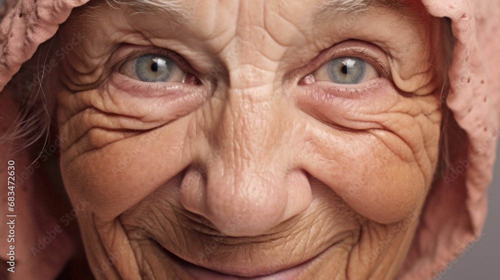 A studio portrait captures a happy senior woman with a beaming smile. A studio portrait captures a happy senior woman with a beaming smile.