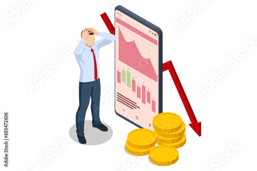 Isometric decreasing trend showing unsuccessful performance and losses failure due to the economic crisis
