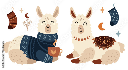 Boho Christmas llama clipart in cartoon flat style. Cute winter alpaca clip art. Vector illustration.