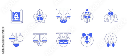 Christmas decoration icon set. Duotone style line stroke and bold. Vector illustration. Containing mistletoe, wreath, bauble, photo, baubles.