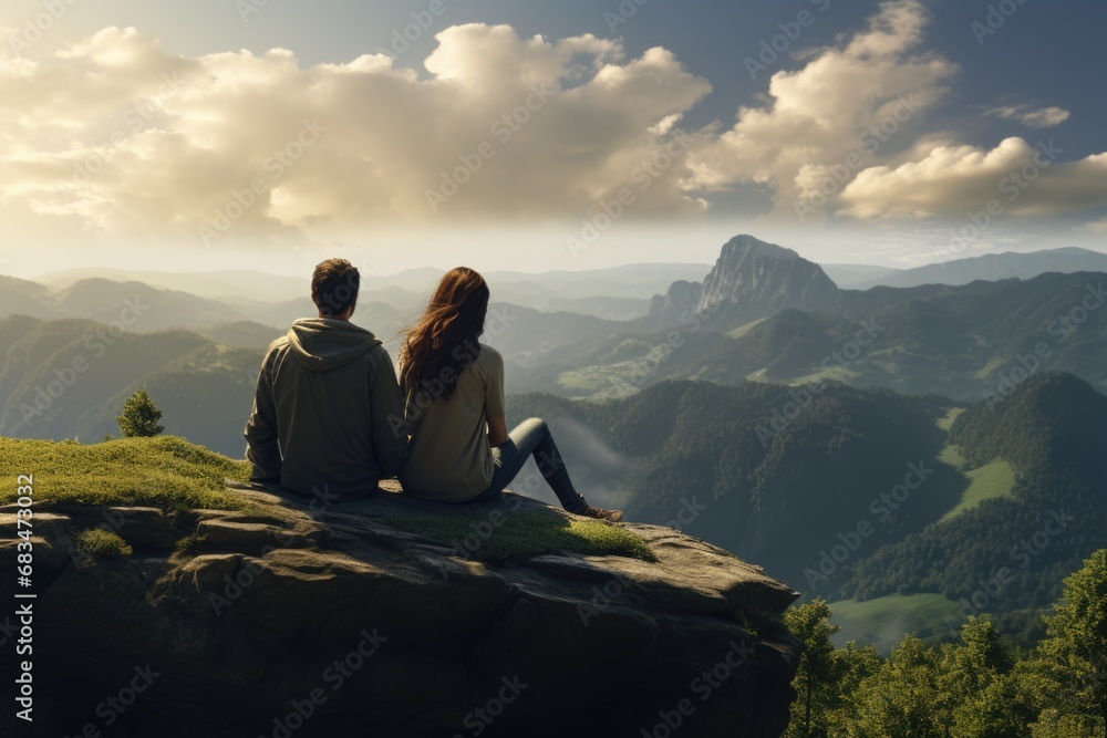 A picture of a man and a woman sitting together on top of a mountain. This image can be used to portray a couple enjoying a scenic view or as a symbol of adventure and exploration.