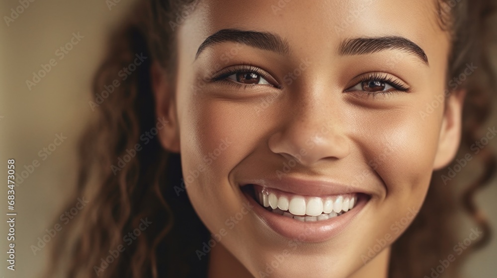 Happy teen girl with a bright smile against a beige studio backdrop. Happy teen girl with a bright smile against a beige studio backdrop.