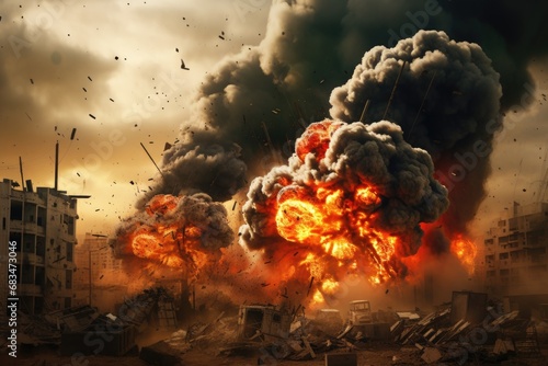 A powerful explosion engulfs the city with billowing smoke and intense fire. This dramatic image captures the chaos and destruction caused by the blast.