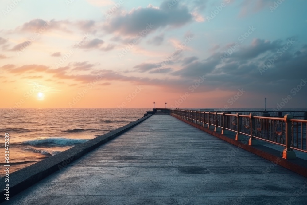 Fototapeta premium A picturesque pier with a beautiful sunset in the background. Ideal for travel, nature, or scenic concepts.