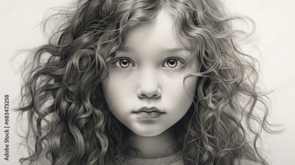 Naklejka premium a black and white photo of a young girl's face with frizzy hair and frizz on her face.