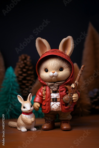 Hunter in forest. Rabbit in clothes and holding gun. Colorful winter illustration. photo