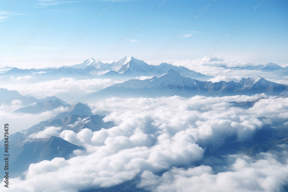 Mountains Pierced Through The Fluffy White Clouds. Сoncept Enchanting Sunrise, Serene Reflections, Majestic Peaks, Heavenly Skies