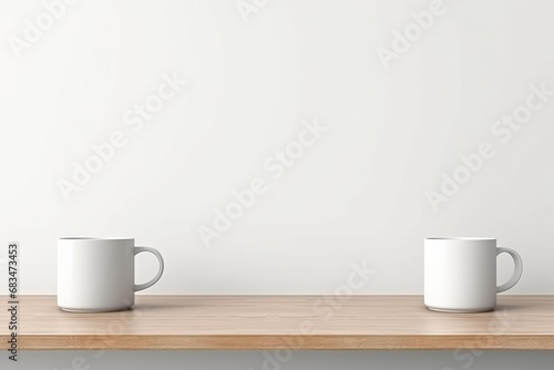 Mockup White Wall, Coffee Cups On Empty Table
