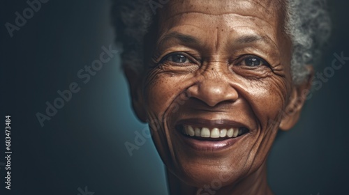 Closeup portrait of a senior woman, standing with a cheerful expression, framed against a studio backdrop.