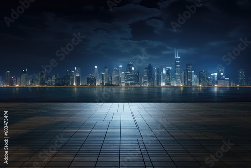 Night View Of City Skyline With Empty Square Floor