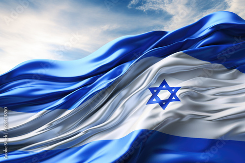 A captivating image of the Israeli flag fluttering in the wind. Perfect for patriotic projects or to showcase Israeli culture and heritage. photo