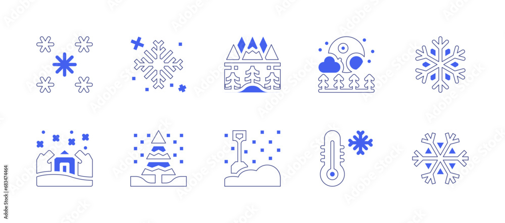 Snow icon set. Duotone style line stroke and bold. Vector illustration. Containing snowflake, snow, snowfall, lanscape, super moon, temperature, pine, shovel.