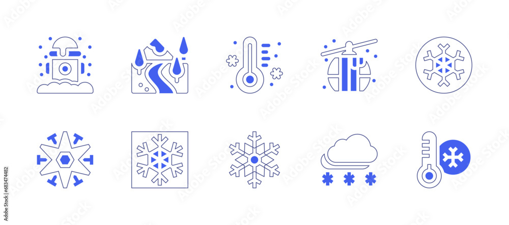 Snow icon set. Duotone style line stroke and bold. Vector illustration. Containing valley, snowflake, thermometer, fire hydrant, cableway.