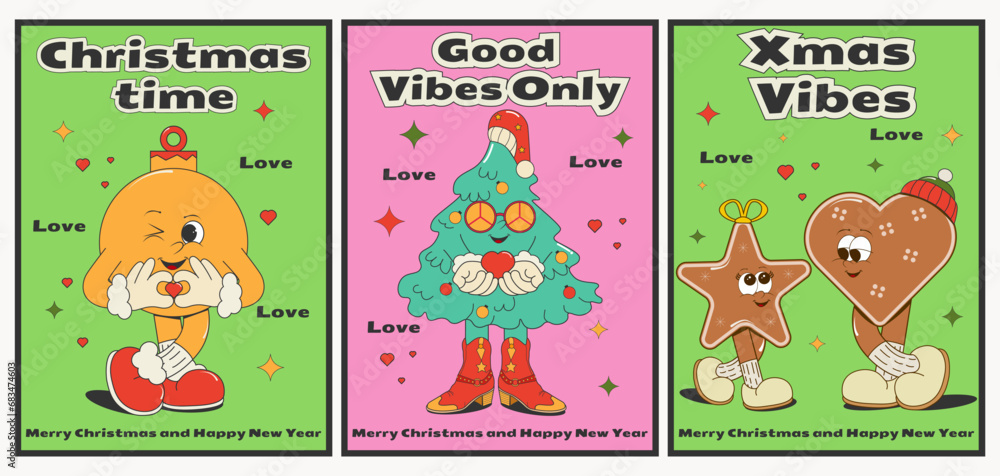 Only good vibes!set Christmas and New Year posters with funny groovy characters:Christmas tree in cowboy boots and hippie glasses,ball,ginger cookies.Vector in retro style old comics 50s-60s