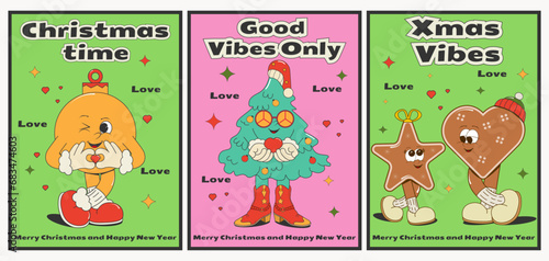 Only good vibes set Christmas and New Year posters with funny groovy characters Christmas tree in cowboy boots and hippie glasses ball ginger cookies.Vector in retro style old comics 50s-60s