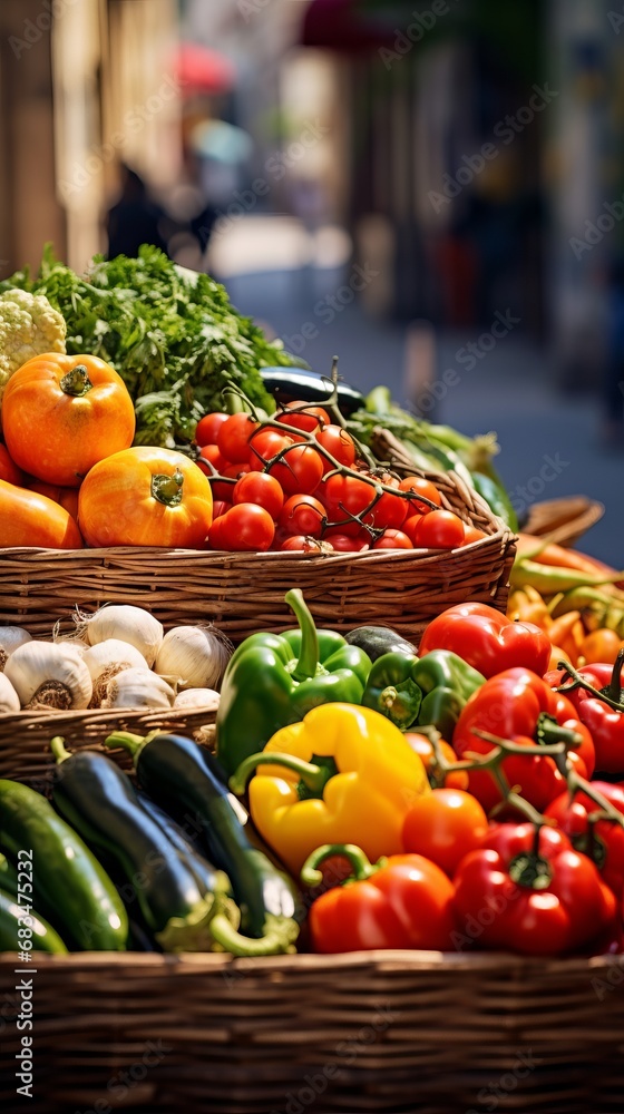Seasonal fresh vegetables at a street outdoor market, variety of organic local products