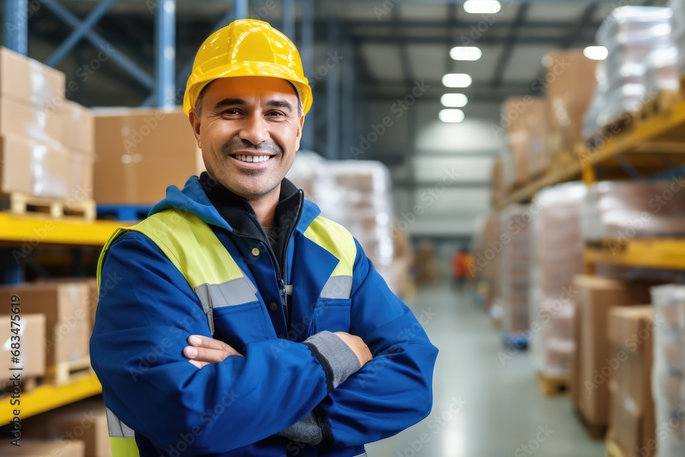 Worker In Blue Jacket And Yellow Hat In Warehouse Worker In Blue Jacket And Yellow Hat In Warehouse