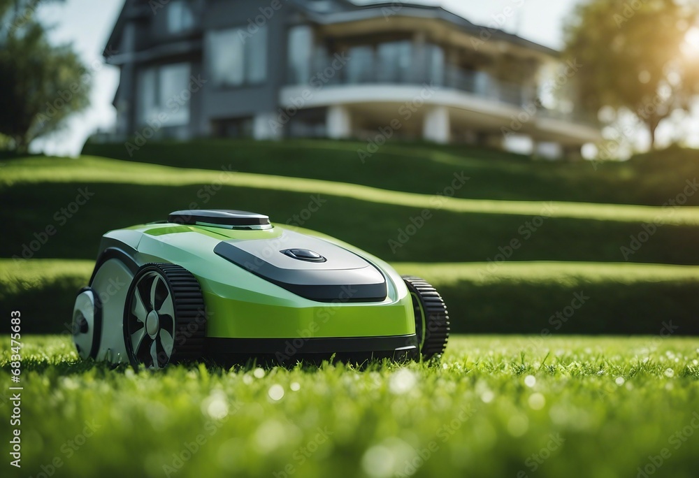 Smart Gardening: Automatic Robotic Lawn Mower on Green Lawn with Modern House in the Background Smart Gardening: Automatic Robotic Lawn Mower on Green Lawn with Modern House in the Background