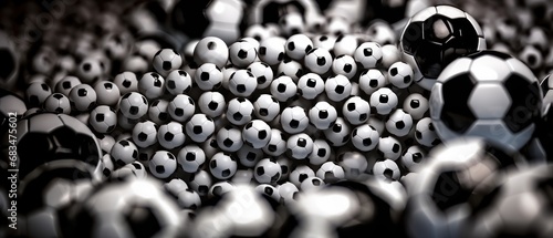 3D Soccer balls. Soccer ball background, soccer ball pattern, soccer ball background. 3D illustration. Football or Soccer Concept. Soccer Ball Texture. Group of black and white soccer balls.