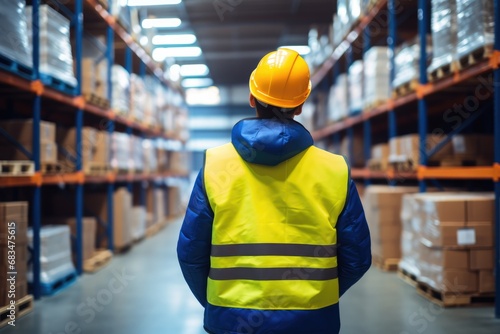 Worker In Blue Jacket And Yellow Hat In Warehouse. Сoncept Architectural Photography, Fashion Photography, Wedding Photography, Nature Photography, Portrait Photography © Anastasiia