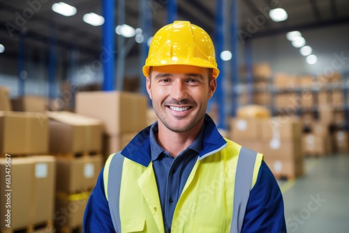 Worker In Blue Jacket And Yellow Hat In Warehouse © Anastasiia