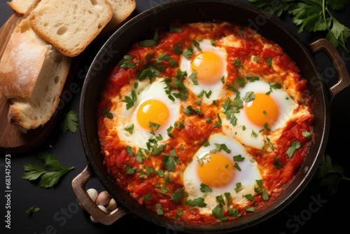 Shakshuka with tomatoes and parsley in a frying pan photo