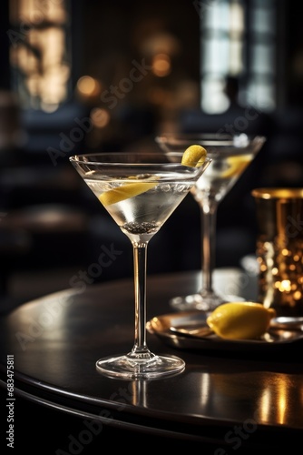 Elegant martini in a classic glass  lemon twist garnish  poised on a dark  moody bar with ambient lighting.