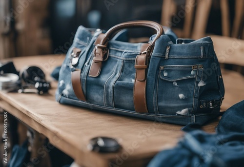 DIY Denim Upcycling - Handbag Made from Old Jeans on a Dressmaker Table photo