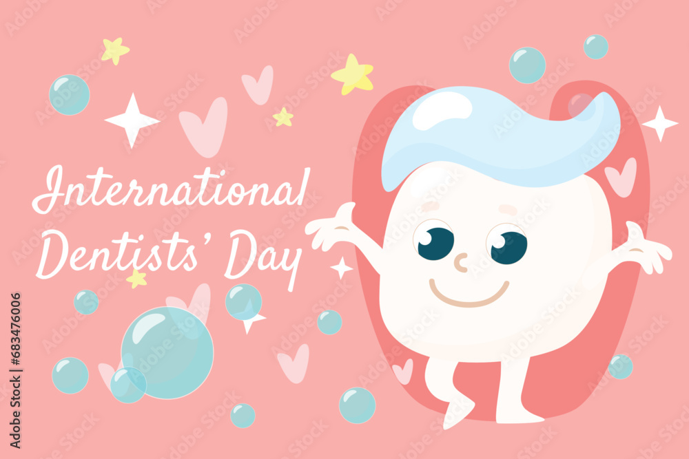 Dentist's Day greeting card. A cute little tooth with glasses and a happy smiling face. The child has toothpaste on top. A positive character for the day of the dentist and children's oral care. Dentist's Day greeting card. A cute little tooth with glasses and a happy smiling face. The child has toothpaste on top. A positive character for the day of the dentist and children's oral care.