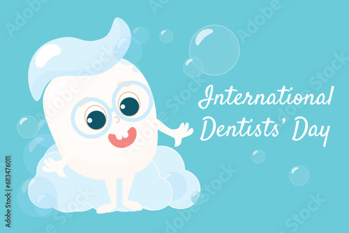 Dentist's Day greeting card. Little healthy baby tooth with toothpaste on top in soap bubbles. Tooth smiles happily and wears glasses. Character design.